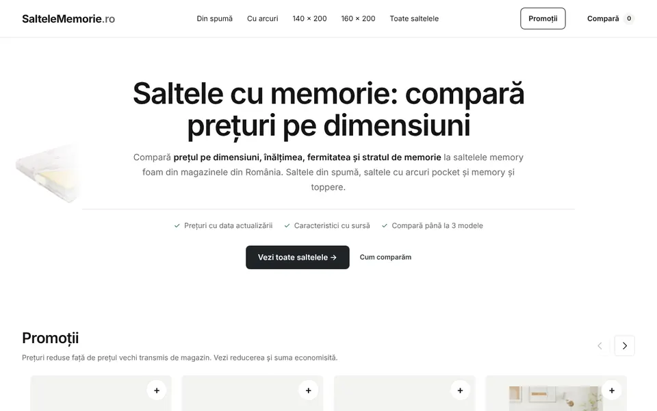 Pagina principală SalteleMemorie.ro: comparator de prețuri pentru saltele memory foam pe dimensiuni